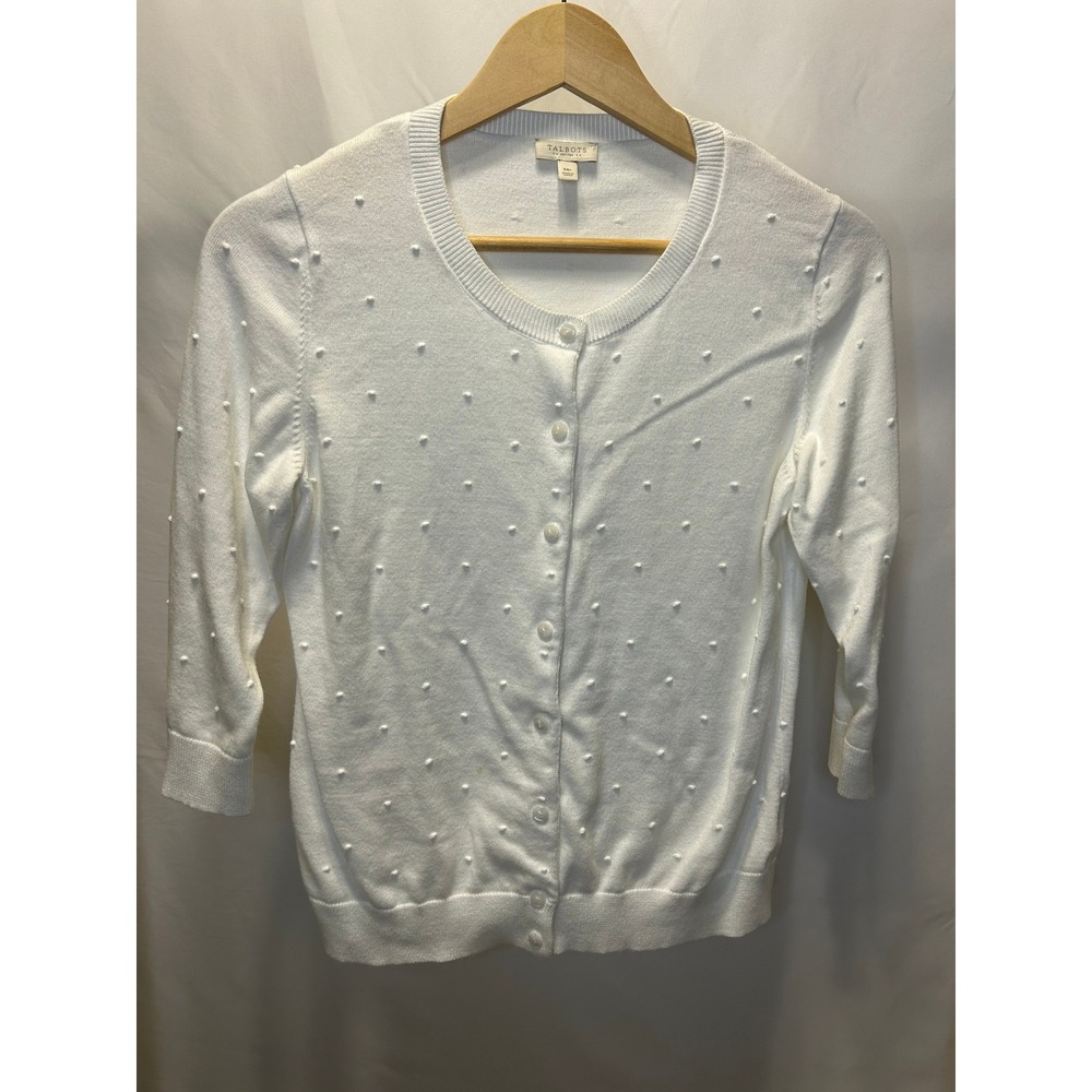 Talbots Cardigan Women Medium Petite MP White Good Bobble Knit 3/4 Sleeve Cotton